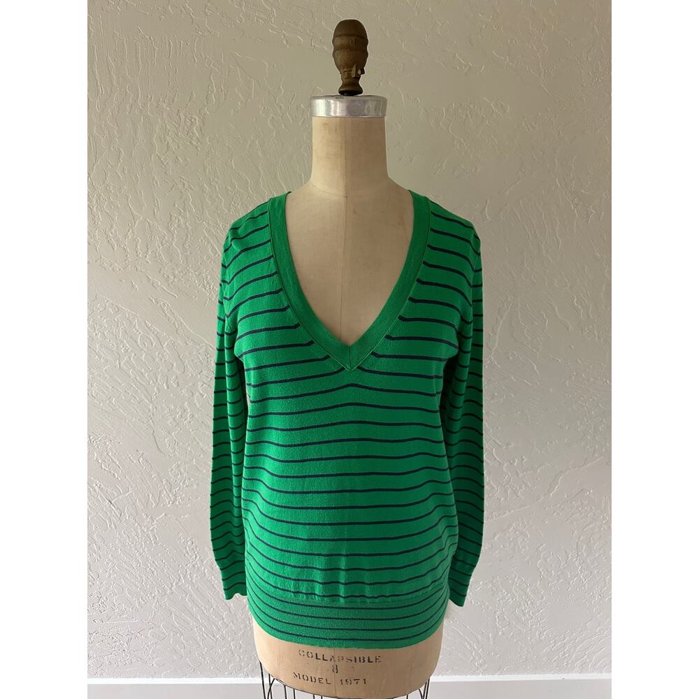 J. CREW Womens Cotton V-Neck Striped Sweater Size Small Kelly Green Navy Preppy